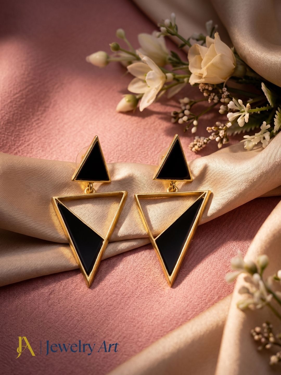 Chic Gold Plated Black Onyx Geometric Earrings – Lightweight Handmade Jewelry
