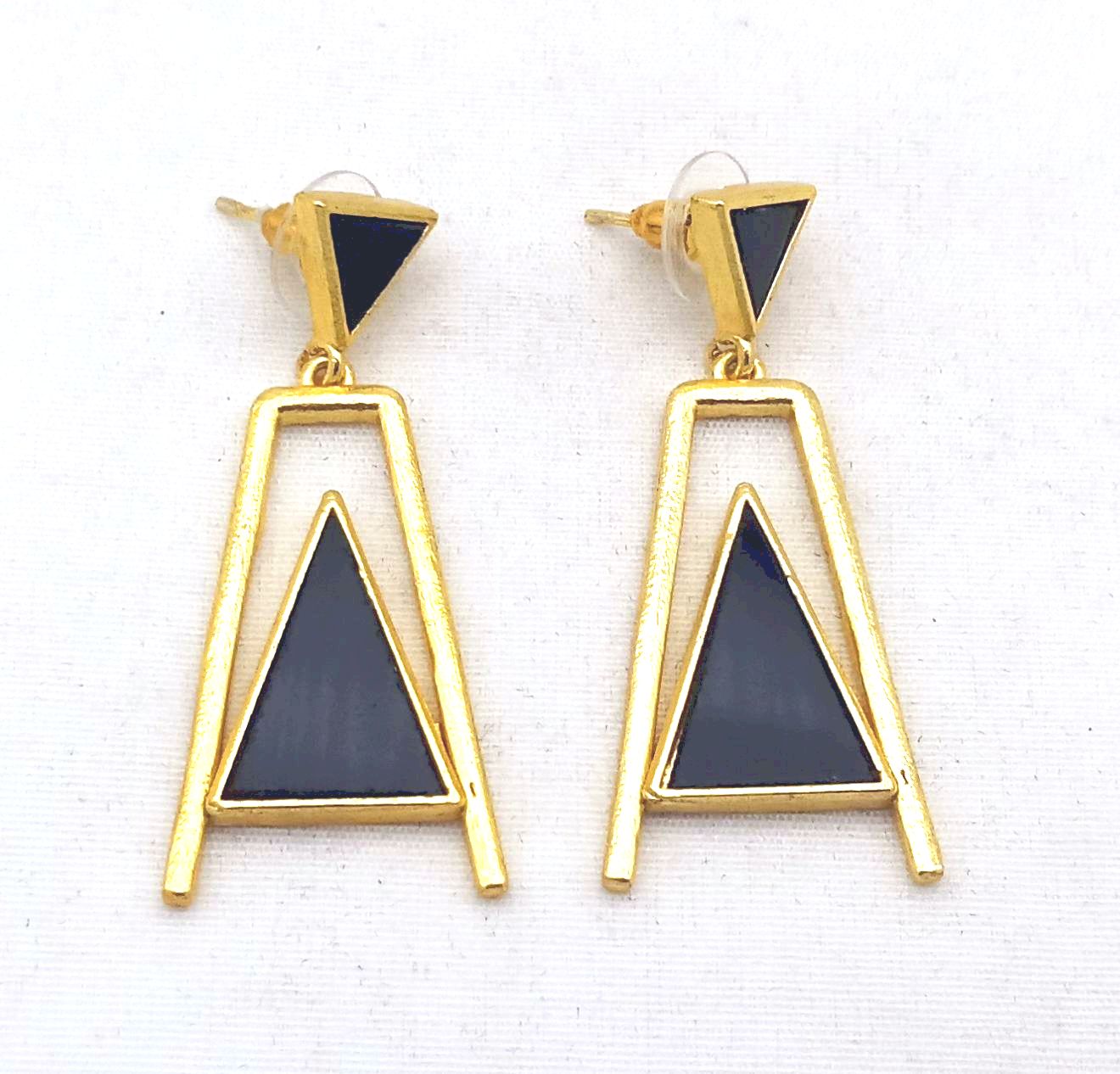Elegant Gold Plated Black Onyx Geometric Earrings – Handmade Lightweight Dangles for Women