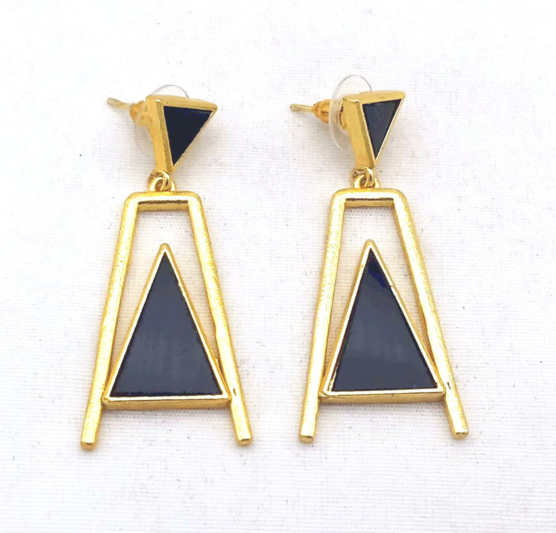 Elegant Gold Plated Black Onyx Geometric Earrings – Handmade Lightweight Dangles for Women