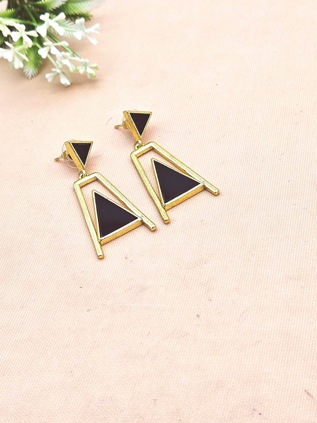 Elegant Gold Plated Black Onyx Geometric Earrings – Handmade Lightweight Dangles for Women