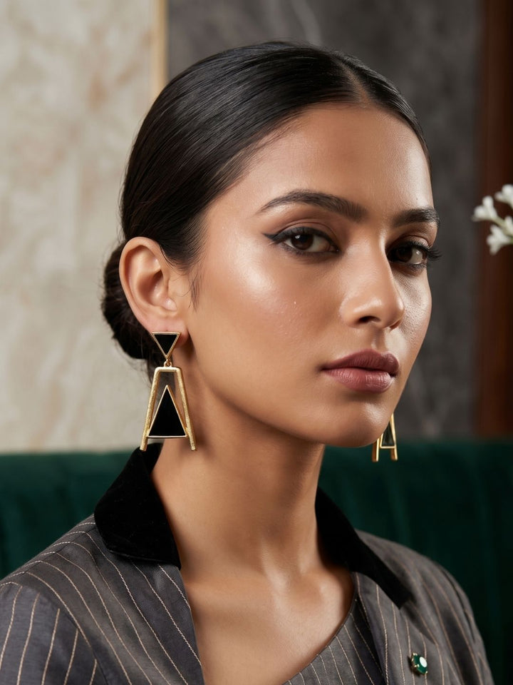 Contemporary gold plated aquamarine geometric designer dangle earrings for women 
