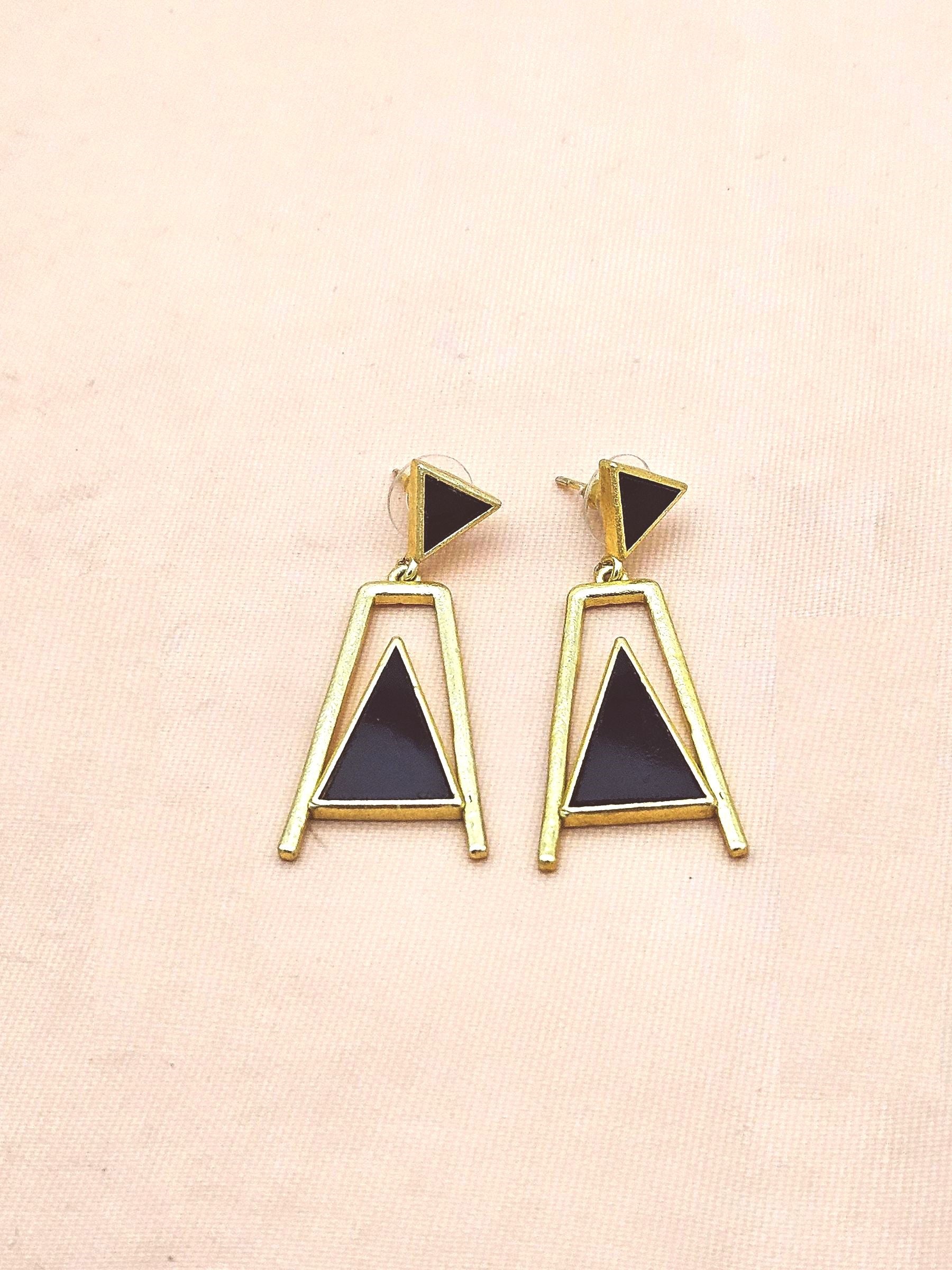 Elegant Gold Plated Black Onyx Geometric Earrings – Handmade Lightweight Dangles for Women