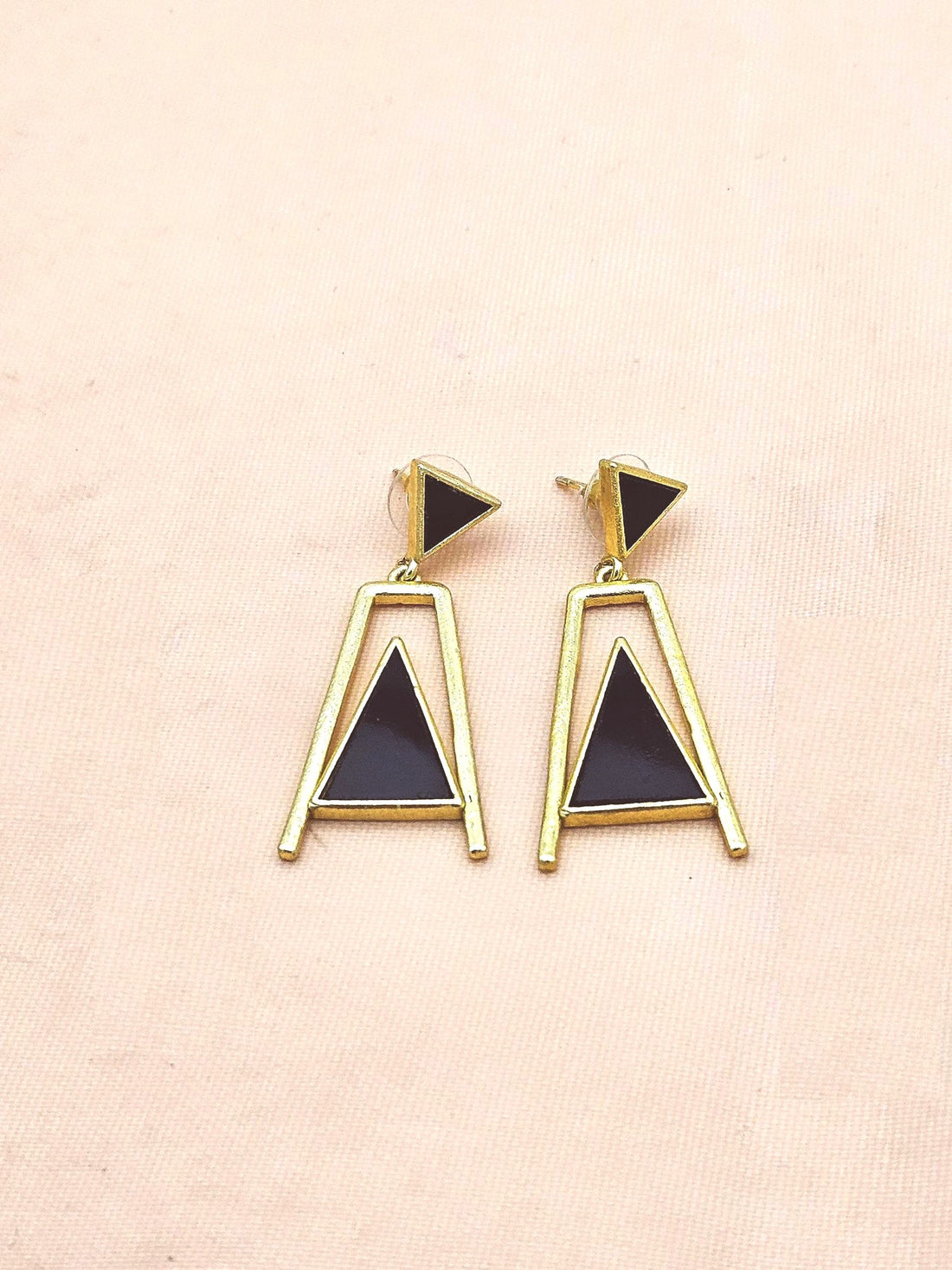 Elegant Gold Plated Black Onyx Geometric Earrings – Handmade Lightweight Dangles for Women