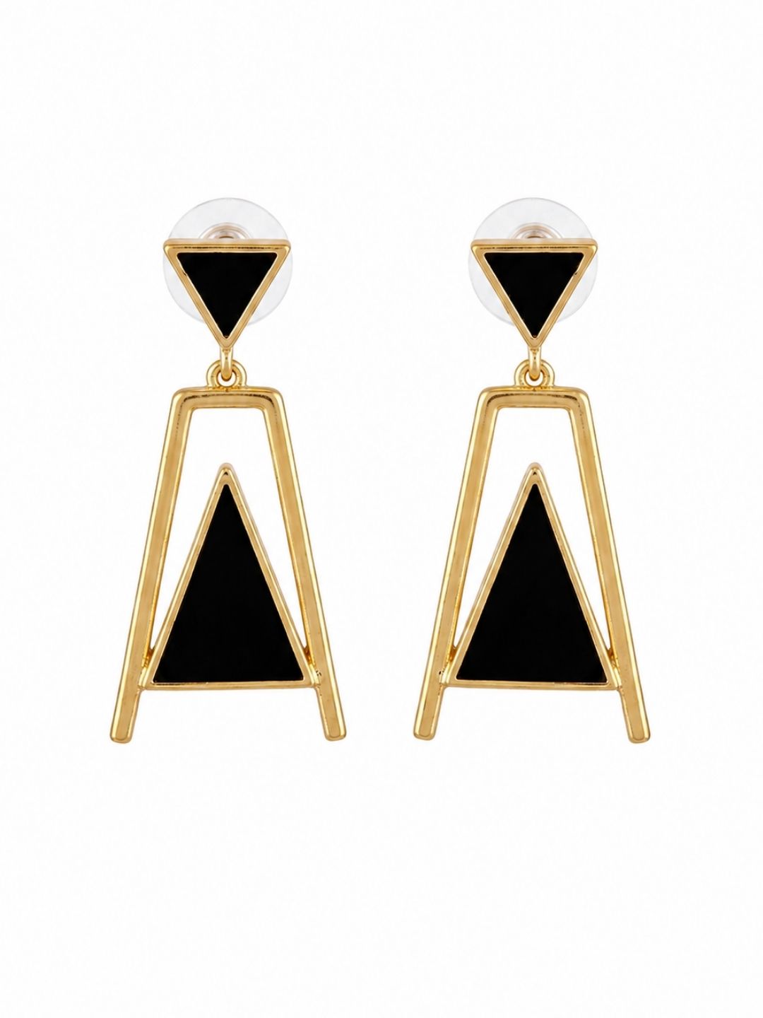Side profile of model wearing gold plated aquamarine geometric designer dangle earrings showing clean architectural silhouette against neck
