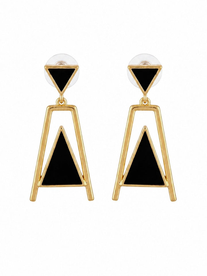 Side profile of model wearing gold plated aquamarine geometric designer dangle earrings showing clean architectural silhouette against neck
