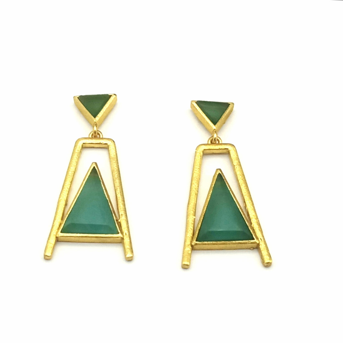 Elegant Gold Plated Green Onyx-Green Chalcedony Geometric Earrings – Handmade Lightweight Dangles for Women
