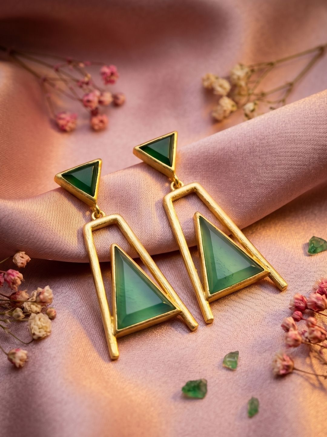 Elegant handmade green onyx chalcedony geometric gold dangle earrings styled with decorative way.
