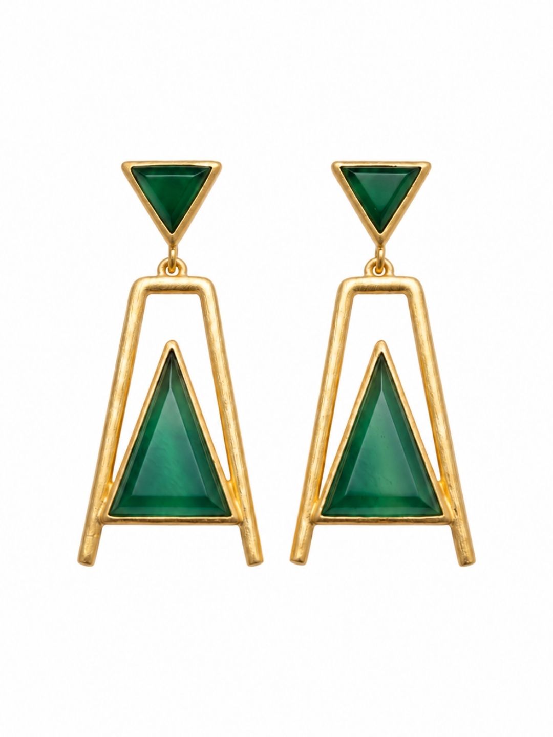 Elegant gold plated green onyx green chalcedony geometric dangle earrings for women on white background
