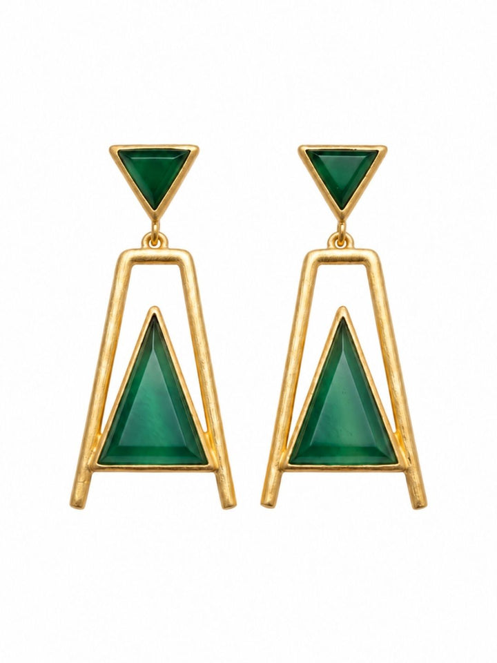 Elegant gold plated green onyx green chalcedony geometric dangle earrings for women on white background
