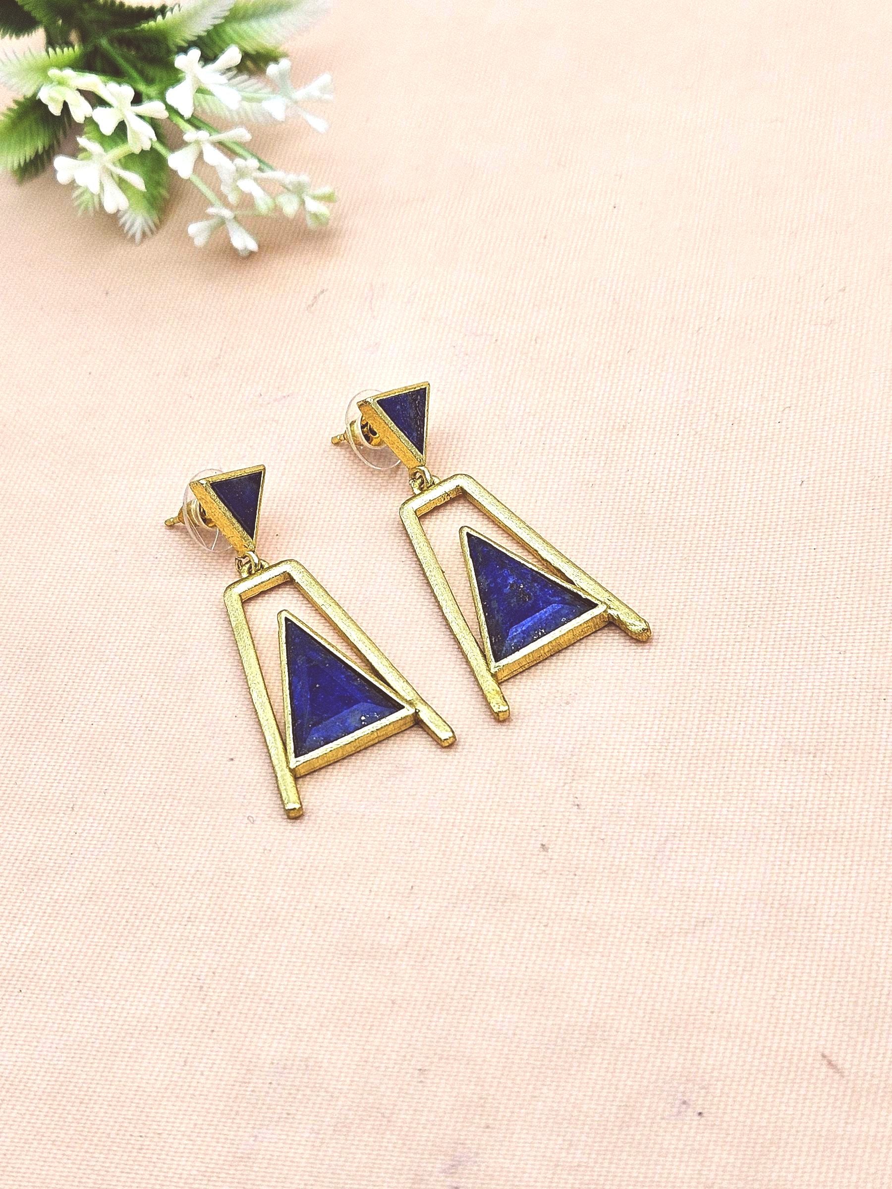 Elegant Gold Plated Lapis Geometric Earrings – Handmade Lightweight Dangles for Women