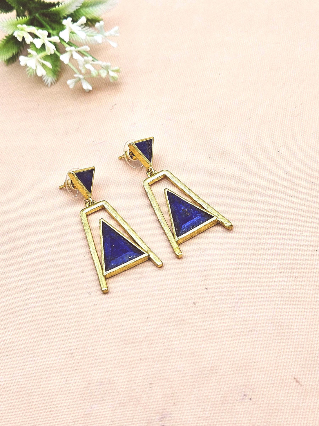 Elegant Gold Plated Lapis Geometric Earrings – Handmade Lightweight Dangles for Women