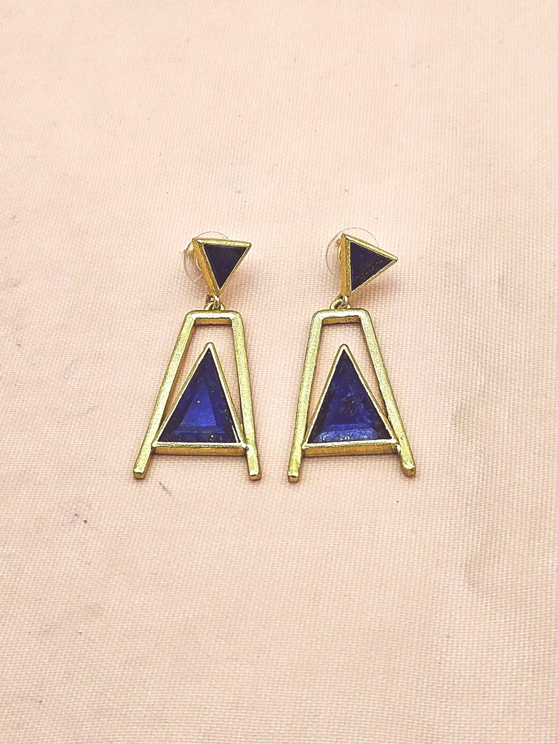 Elegant Gold Plated Lapis Geometric Earrings – Handmade Lightweight Dangles for Women