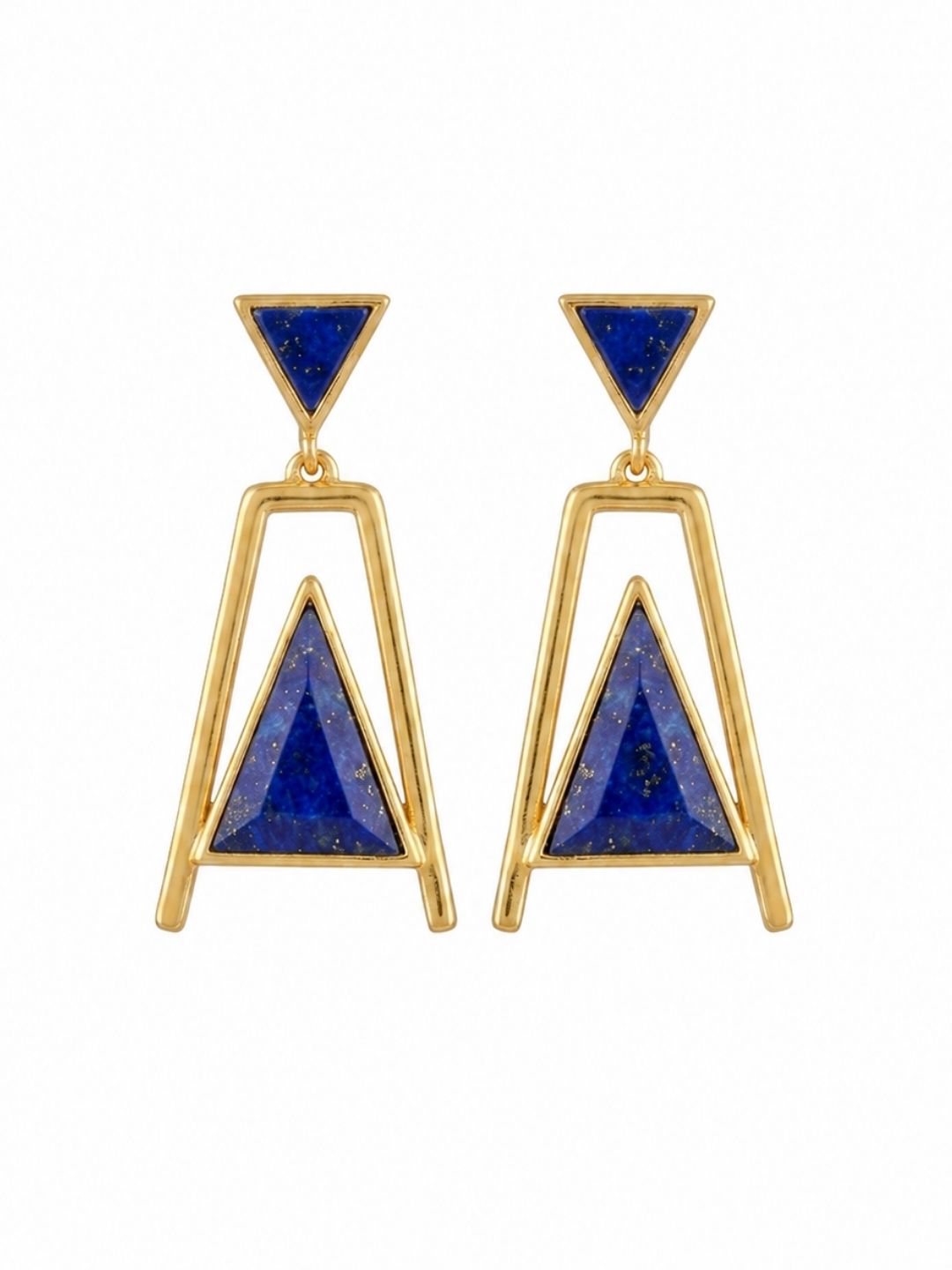 Elegant handmade lapis geometric dangle earrings with gold plated finish on white background
