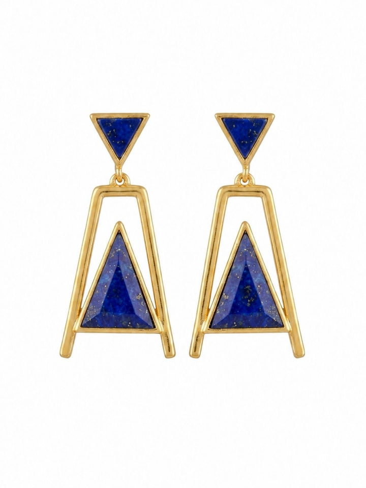 Elegant handmade lapis geometric dangle earrings with gold plated finish on white background
