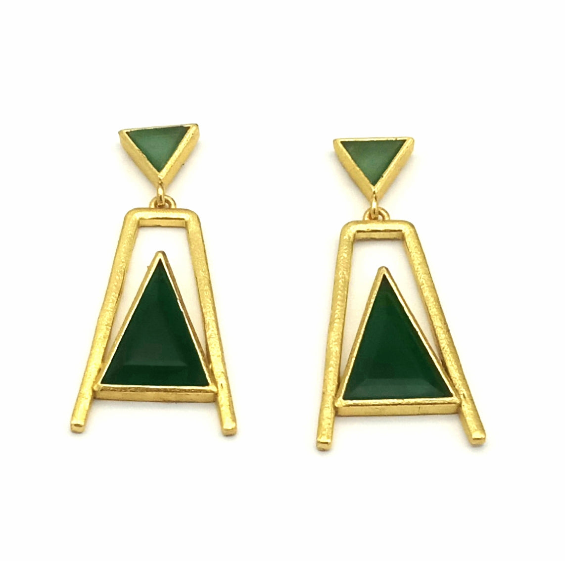Elegant Gold Plated Green Chalcedony-Green Onyx Geometric Earrings – Handmade Lightweight Dangles for Women