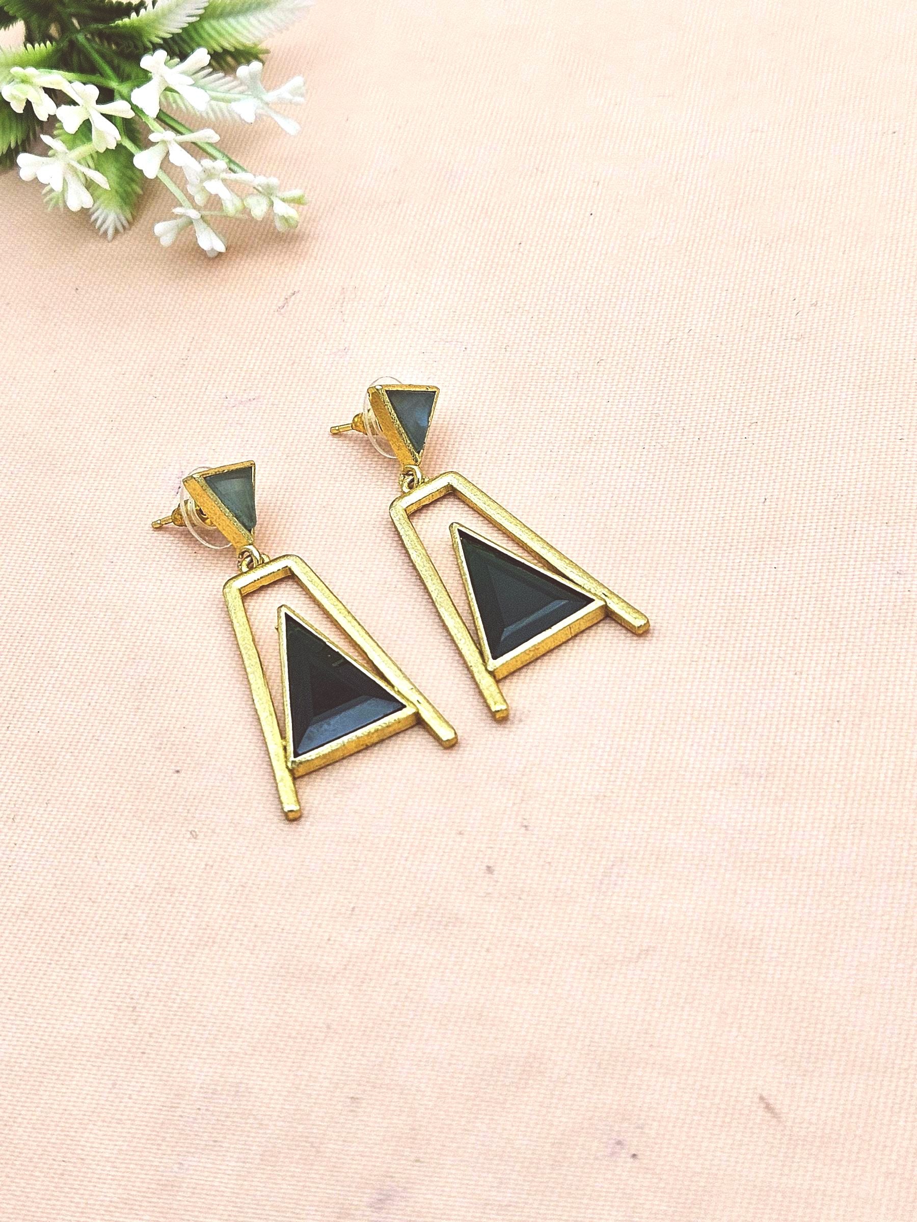 Elegant Gold Plated Green Chalcedony-Green Onyx Geometric Earrings – Handmade Lightweight Dangles for Women