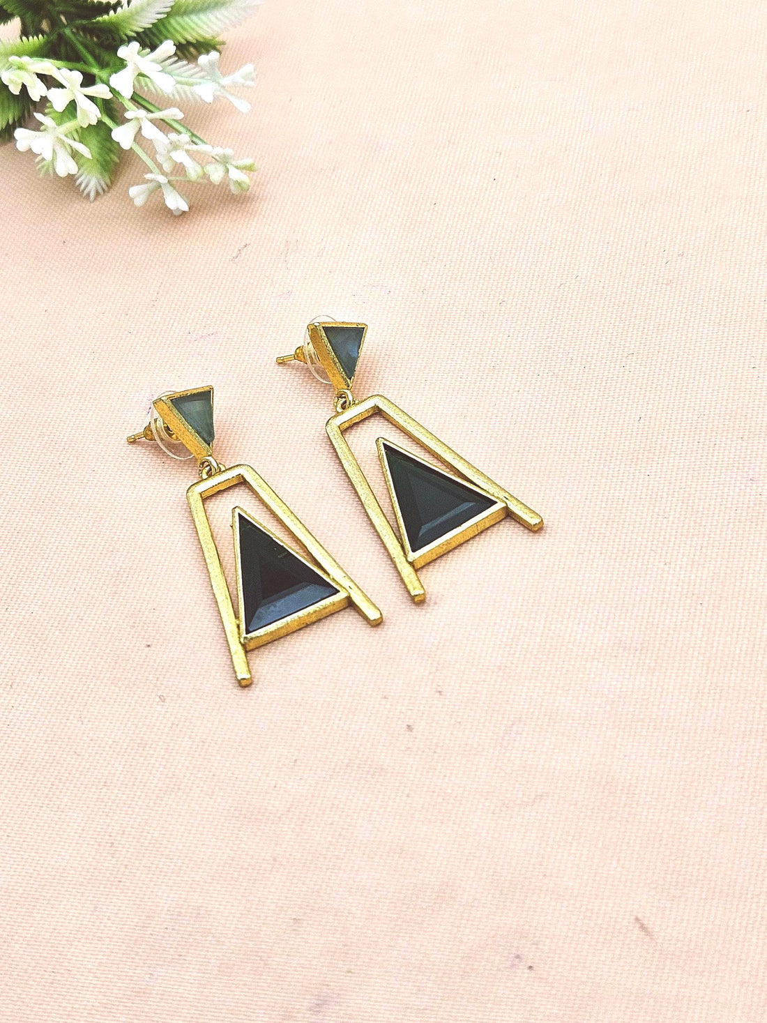 Elegant Gold Plated Green Chalcedony-Green Onyx Geometric Earrings – Handmade Lightweight Dangles for Women