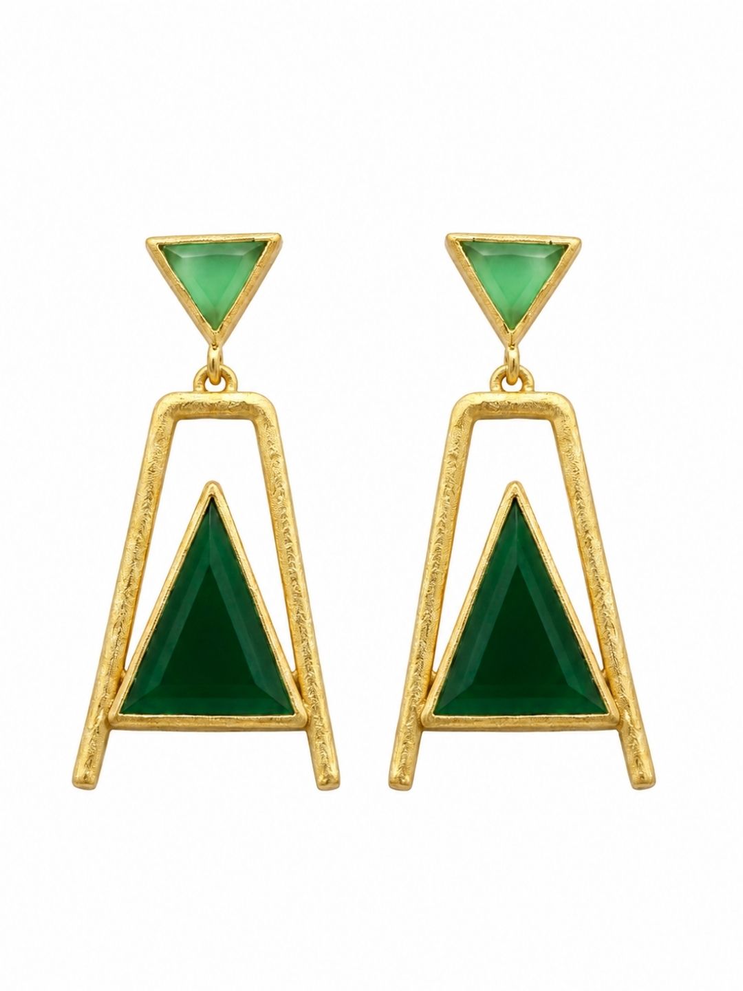 Gold plated green chalcedony and green onyx geometric earrings on white background for women
