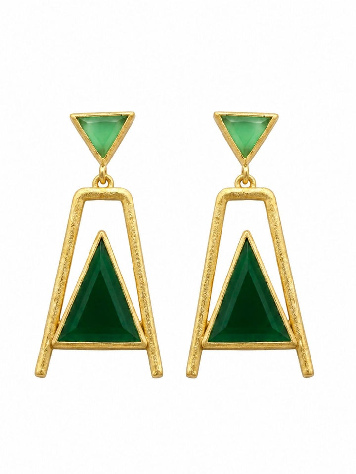Gold plated green chalcedony and green onyx geometric earrings on white background for women
