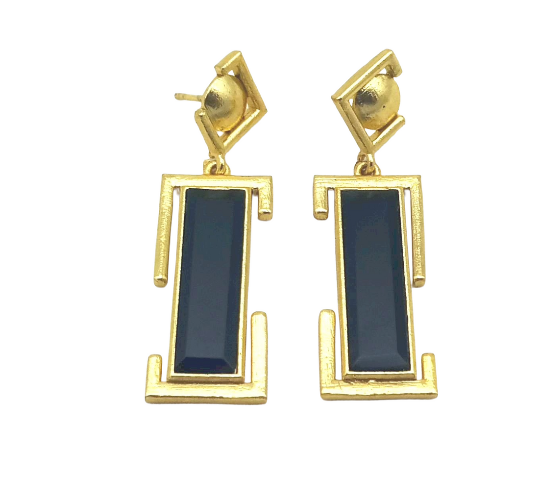 Handmade Gold Plated Black Onyx Geometric Drop Earrings – Contemporary Designer Jewelry