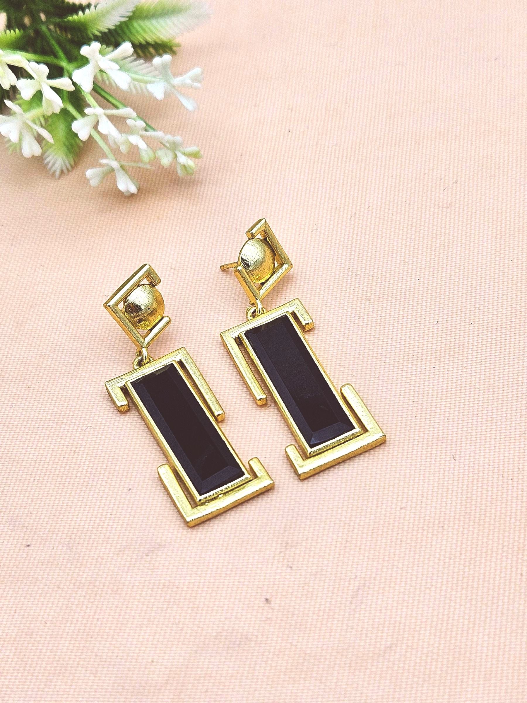 Handmade Gold Plated Black Onyx Geometric Drop Earrings – Contemporary Designer Jewelry