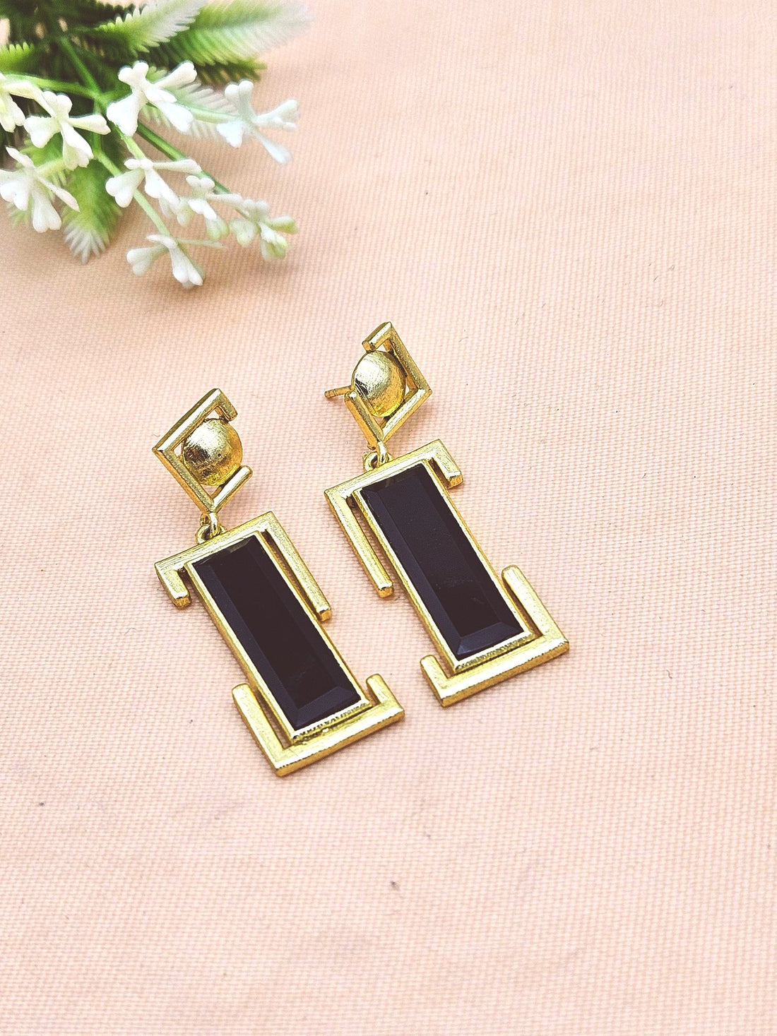 Handmade Gold Plated Black Onyx Geometric Drop Earrings – Contemporary Designer Jewelry