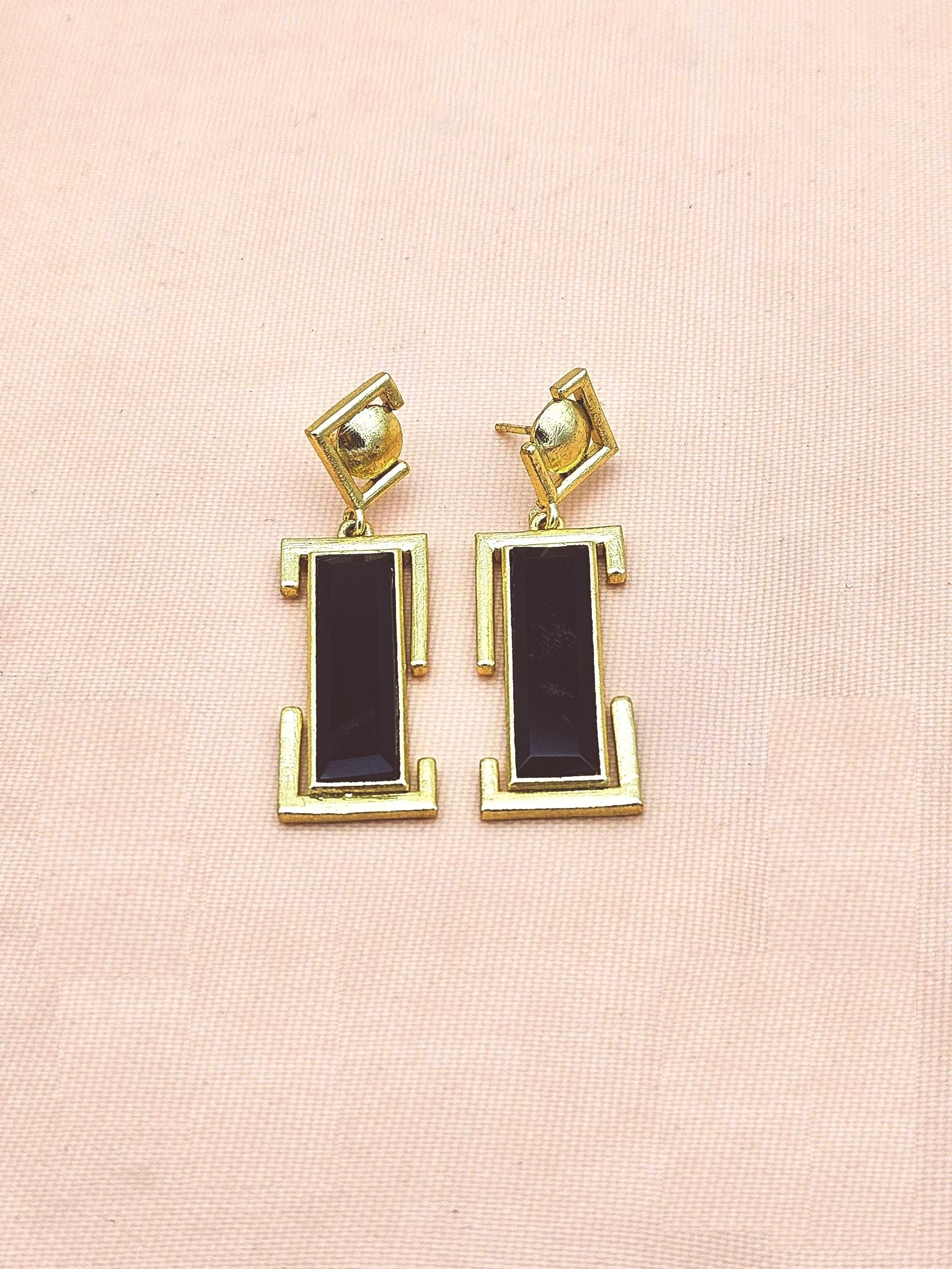 Handmade Gold Plated Black Onyx Geometric Drop Earrings – Contemporary Designer Jewelry