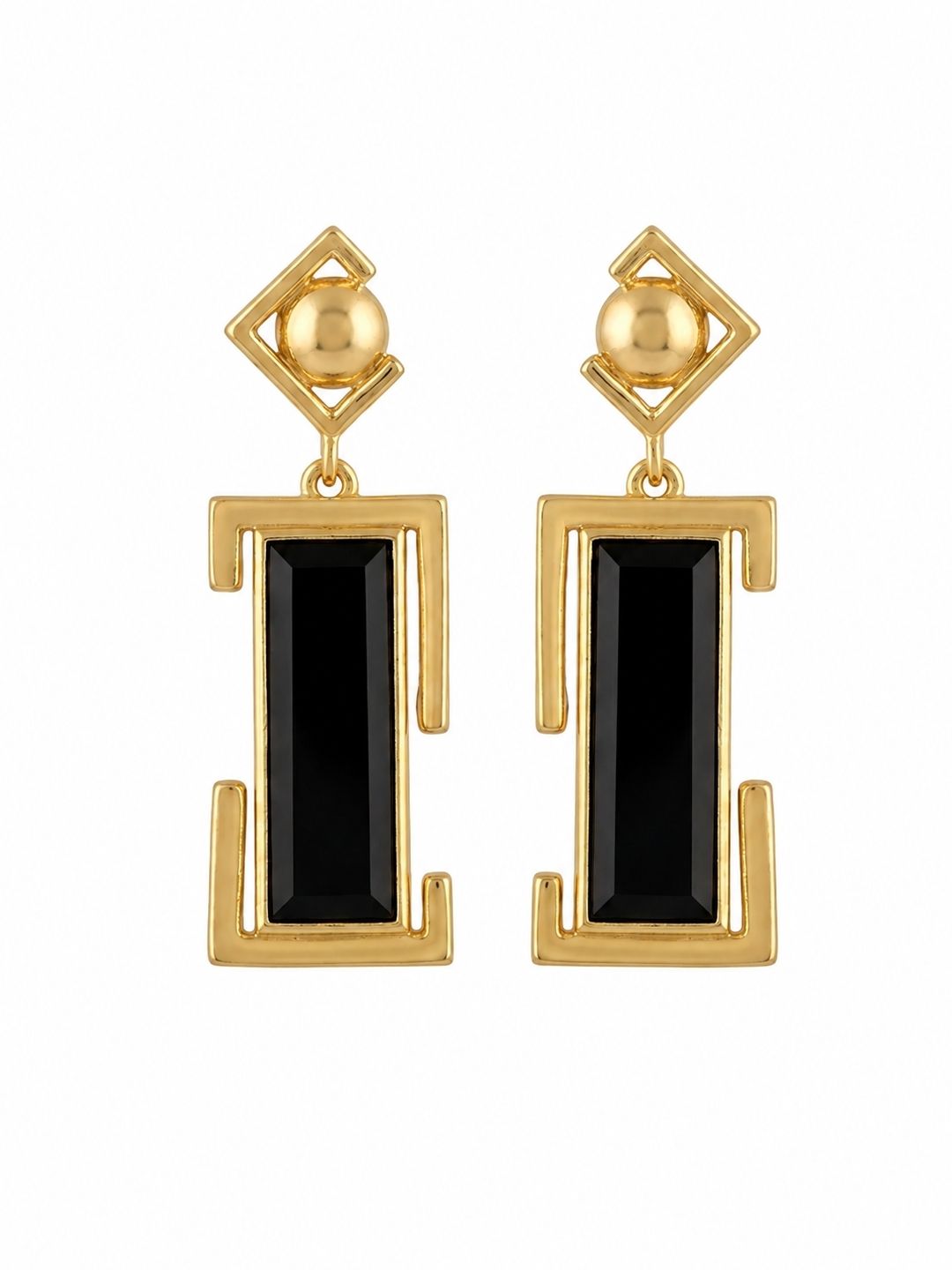 Gold plated black onyx geometric drop earrings for women on white background, handmade designer jewelry
