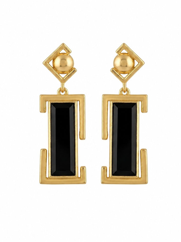 Gold plated black onyx geometric drop earrings for women on white background, handmade designer jewelry
