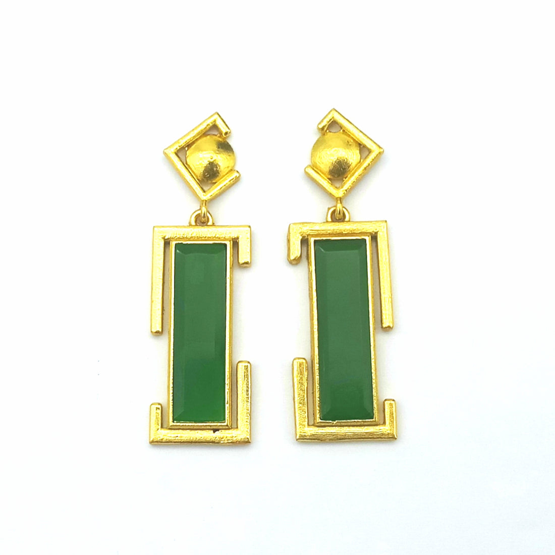 Handmade Gold Plated Green Onyx Geometric Drop Earrings – Contemporary Designer Jewelry