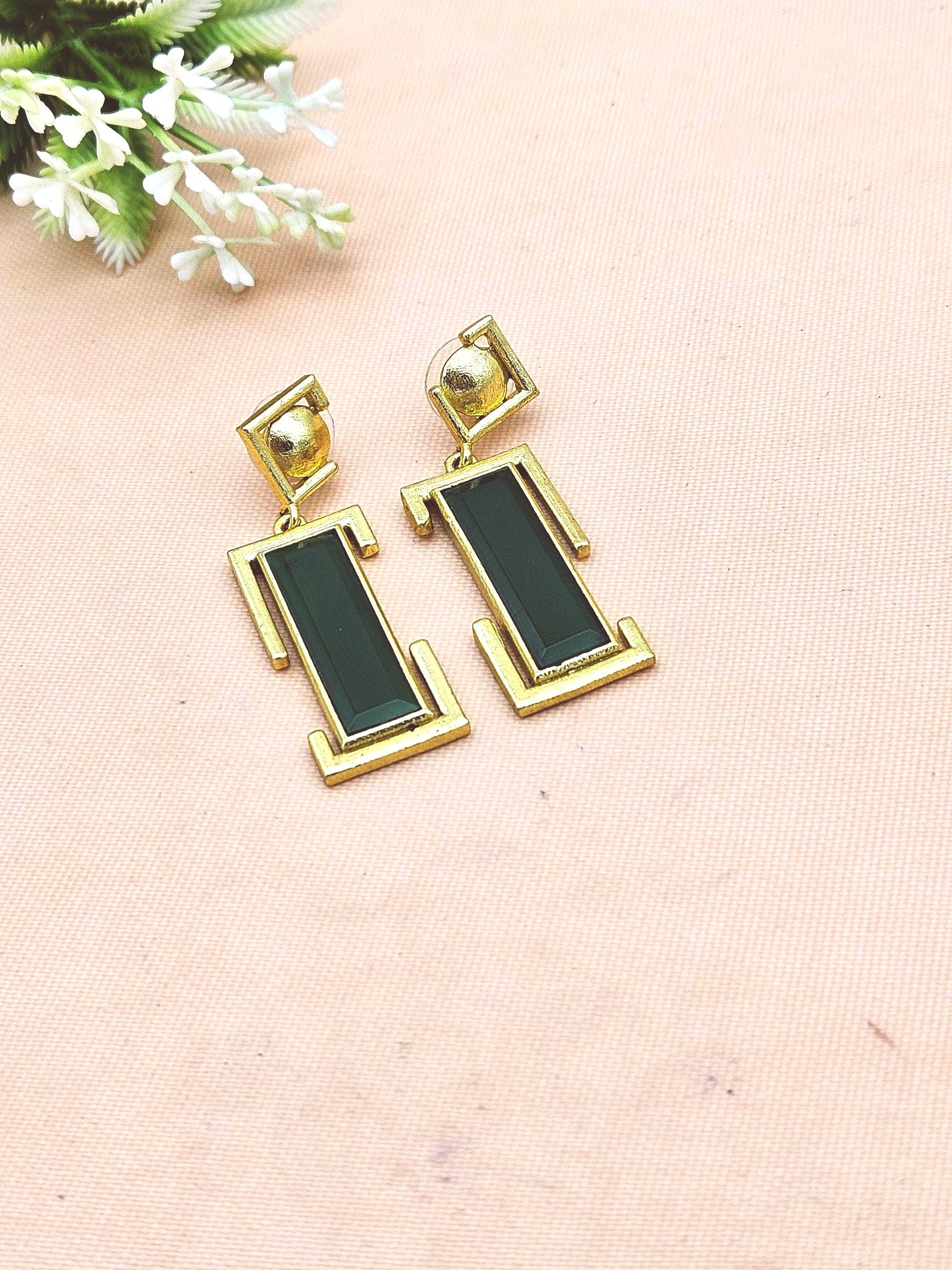 Handmade Gold Plated Green Onyx Geometric Drop Earrings – Contemporary Designer Jewelry
