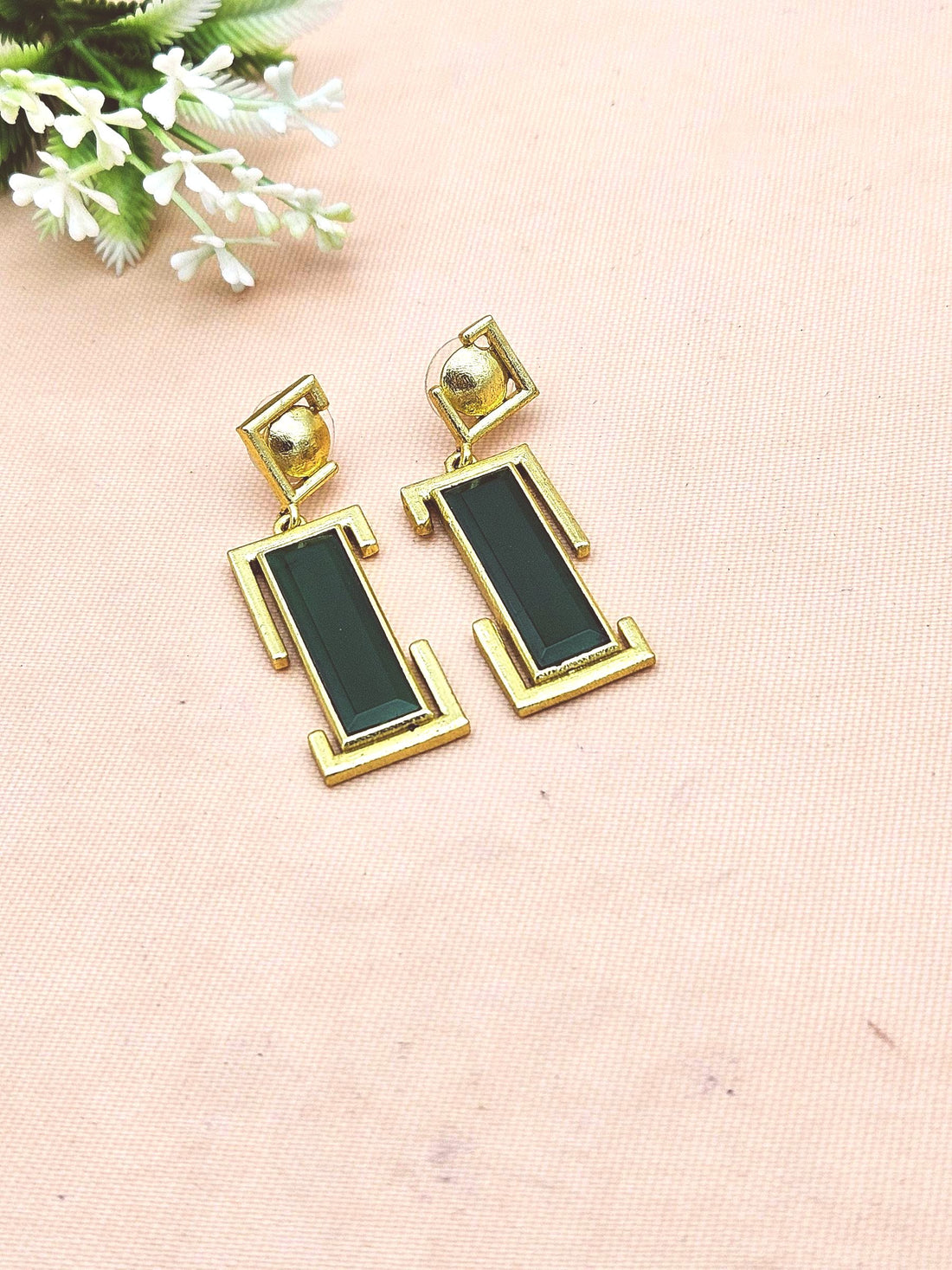 Handmade Gold Plated Green Onyx Geometric Drop Earrings – Contemporary Designer Jewelry