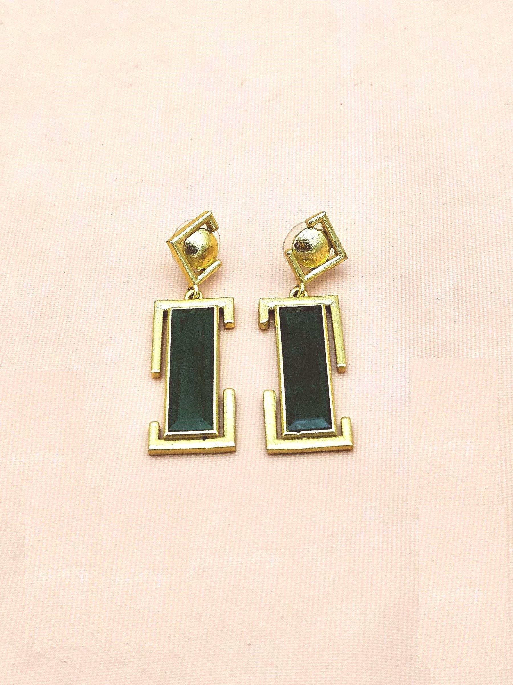 Handmade Gold Plated Green Onyx Geometric Drop Earrings – Contemporary Designer Jewelry
