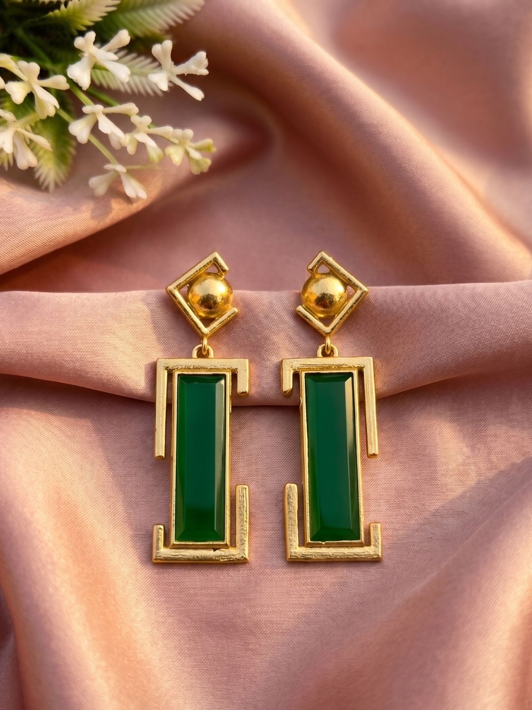 Gold plated green onyx geometric drop earrings in decorative styling with handcrafted designer appeal
