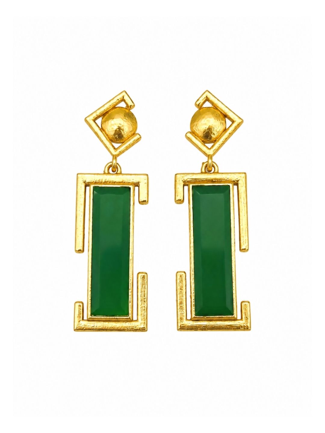 Gold plated green onyx geometric drop earrings for women on white background, handmade designer jewelry
