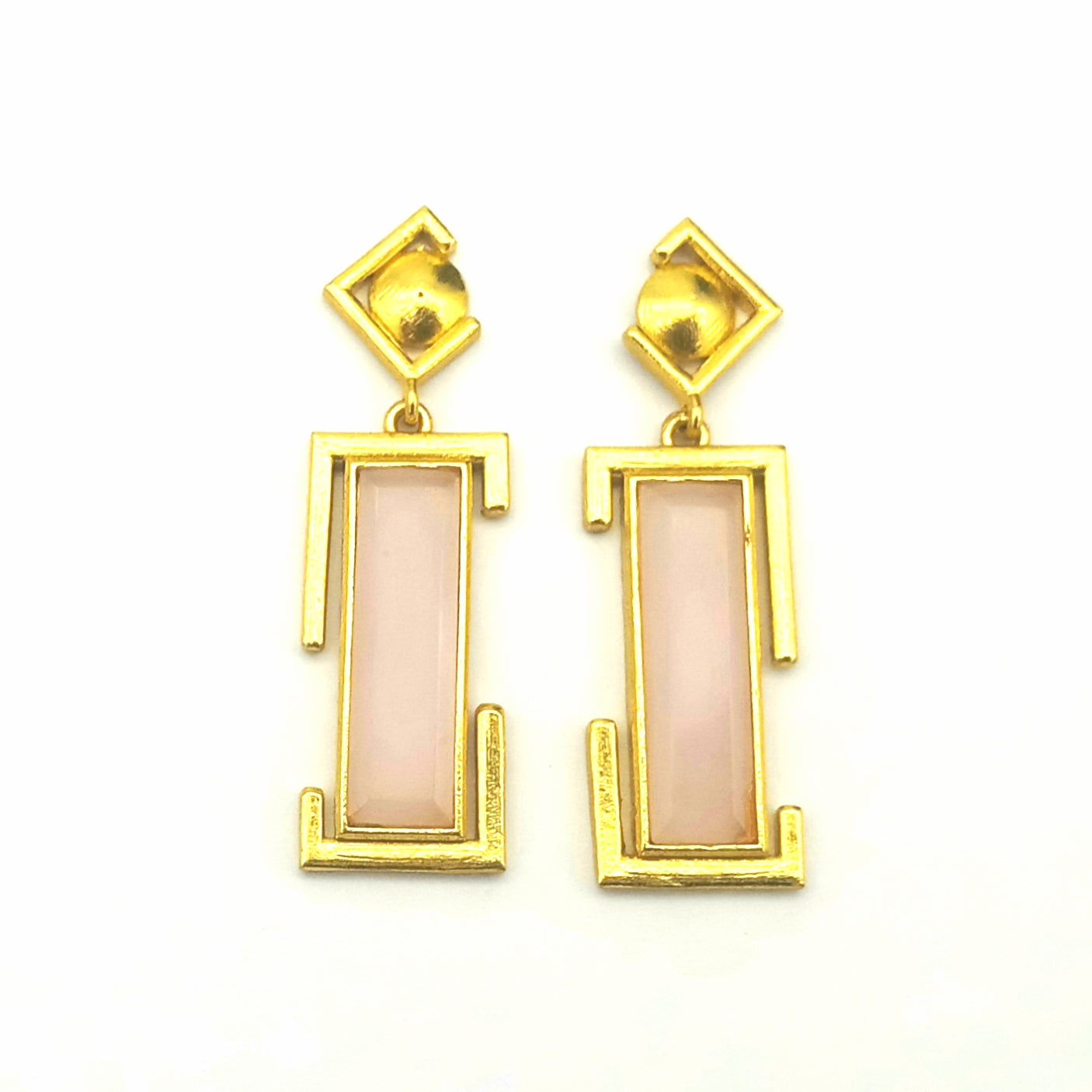Handmade Gold Plated Rose Quartz Geometric Drop Earrings – Contemporary Designer Jewelry
