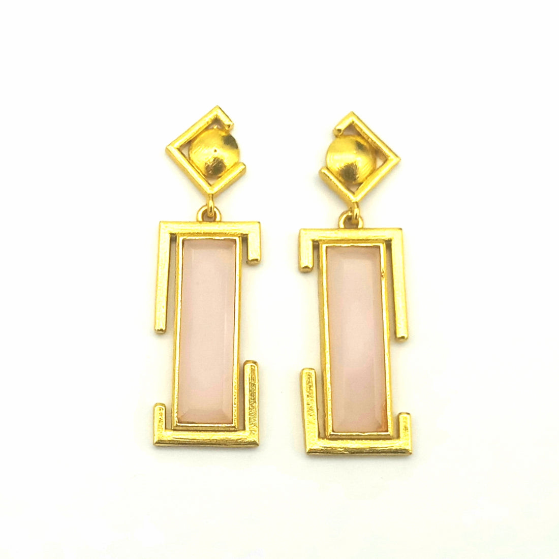 Handmade Gold Plated Rose Quartz Geometric Drop Earrings – Contemporary Designer Jewelry