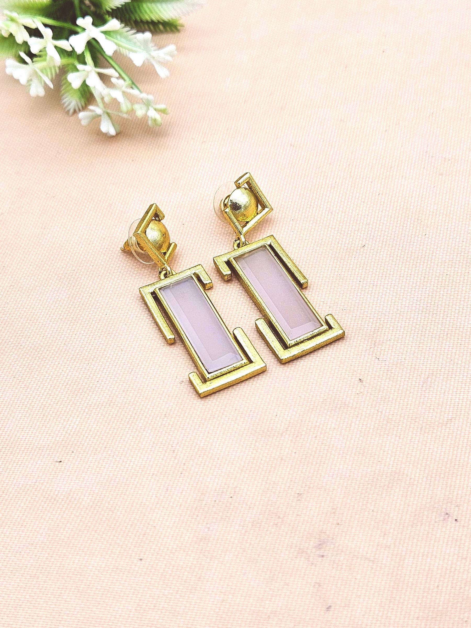 Handmade Gold Plated Rose Quartz Geometric Drop Earrings – Contemporary Designer Jewelry