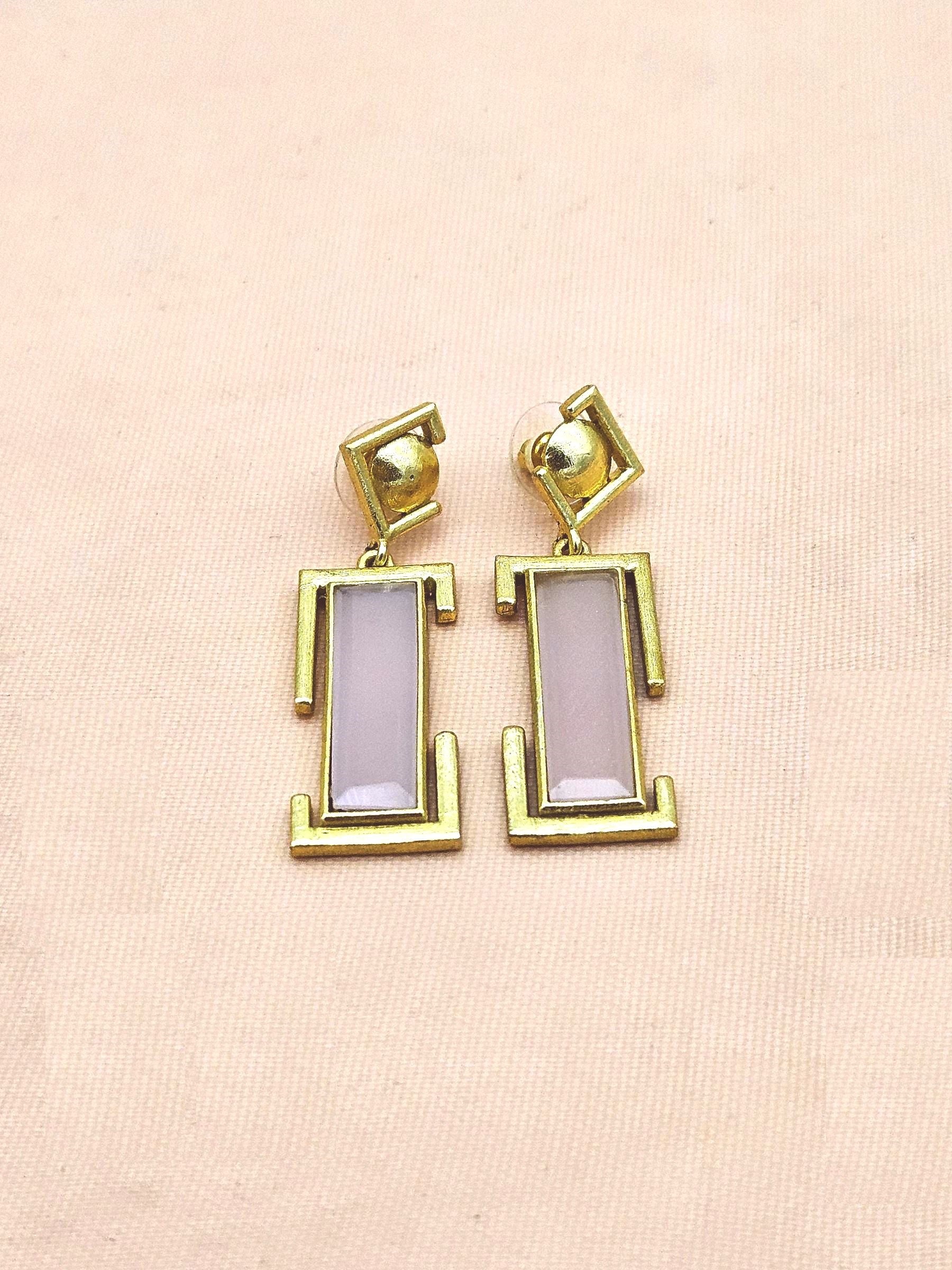 Handmade Gold Plated Rose Quartz Geometric Drop Earrings – Contemporary Designer Jewelry