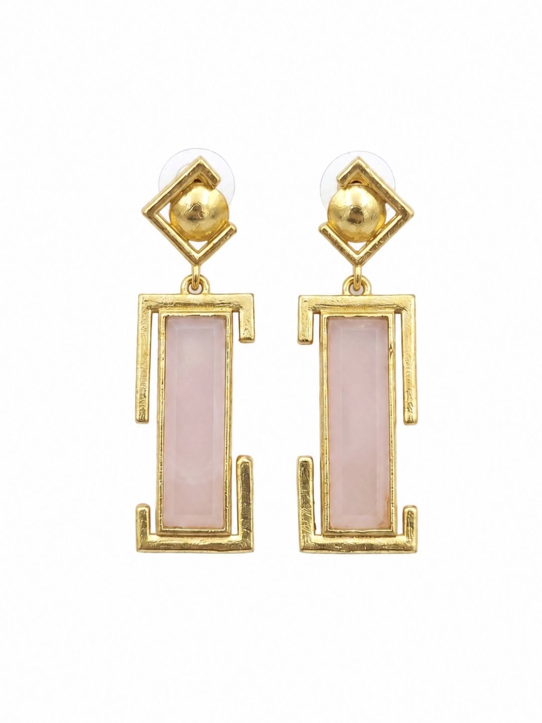 Gold plated rose quartz geometric drop earrings for women on white background, handmade designer jewelry
