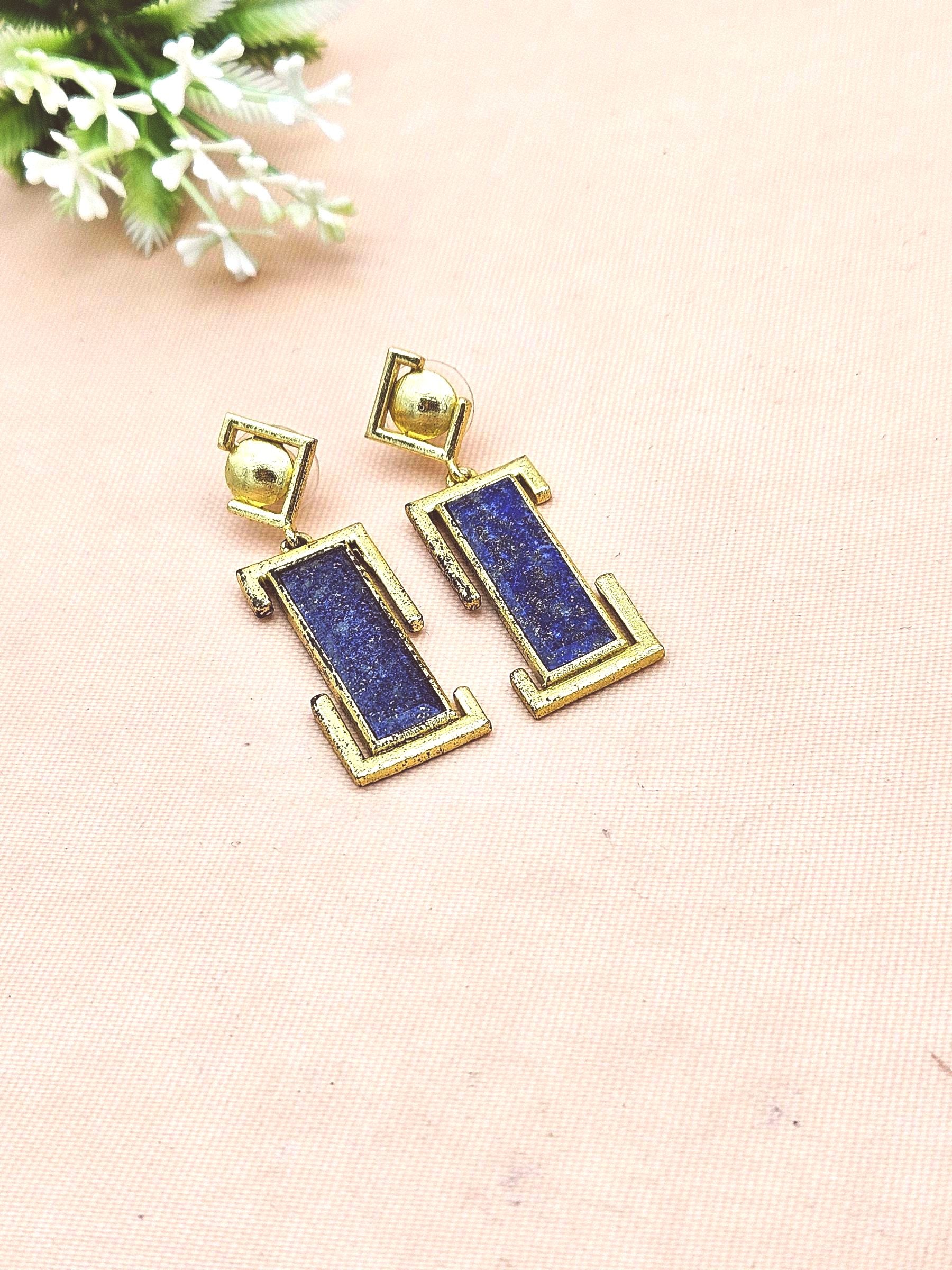 Handmade Gold Plated Lapis Geometric Drop Earrings – Contemporary Designer Jewelry