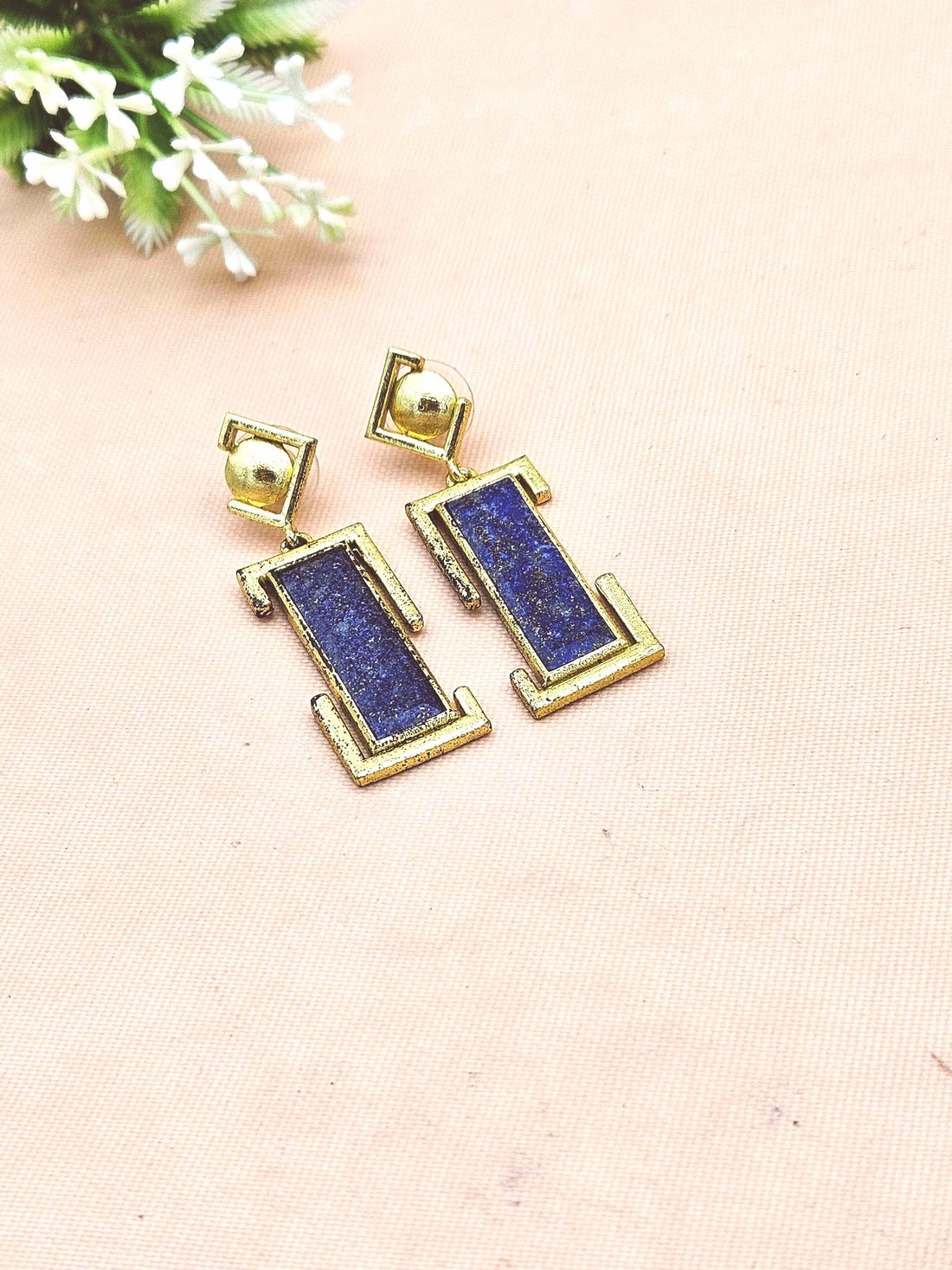 Handmade Gold Plated Lapis Geometric Drop Earrings – Contemporary Designer Jewelry