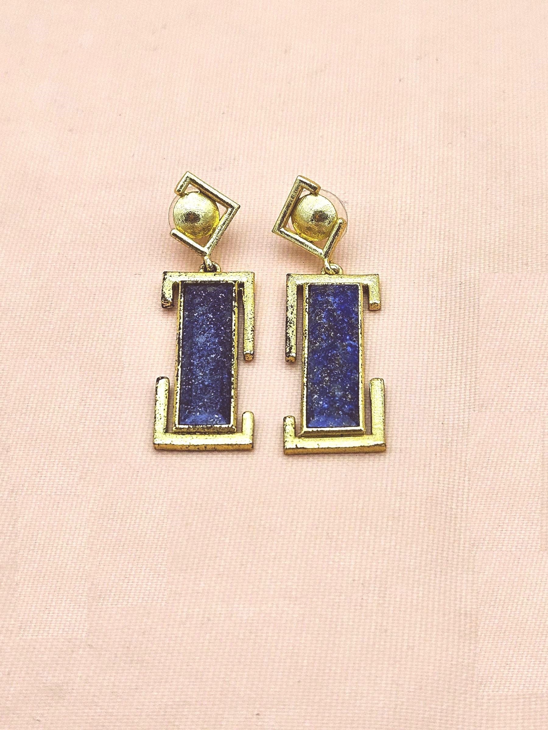 Handmade Gold Plated Lapis Geometric Drop Earrings – Contemporary Designer Jewelry