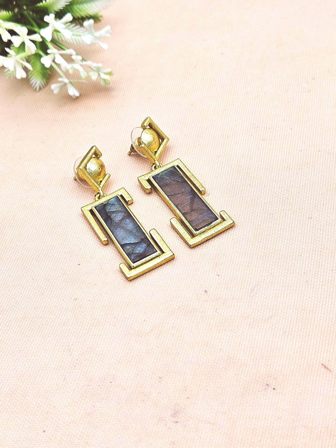 Handmade Gold Plated Labradorite Geometric Drop Earrings – Contemporary Designer Jewelry