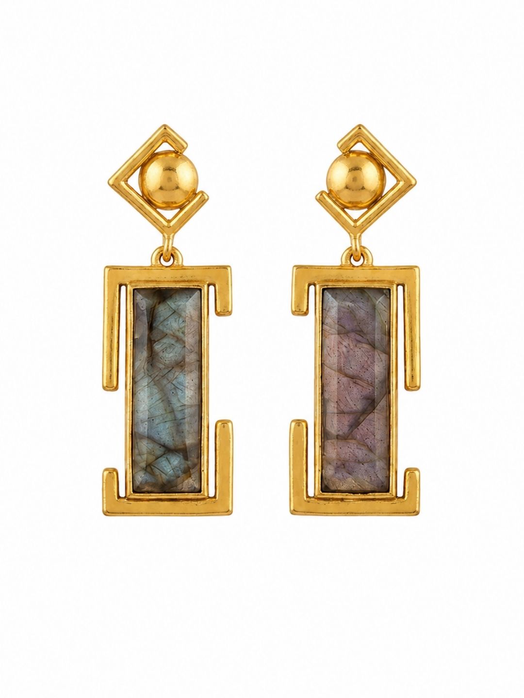 Designer gold plated labradorite geometric earrings displayed on a white background
