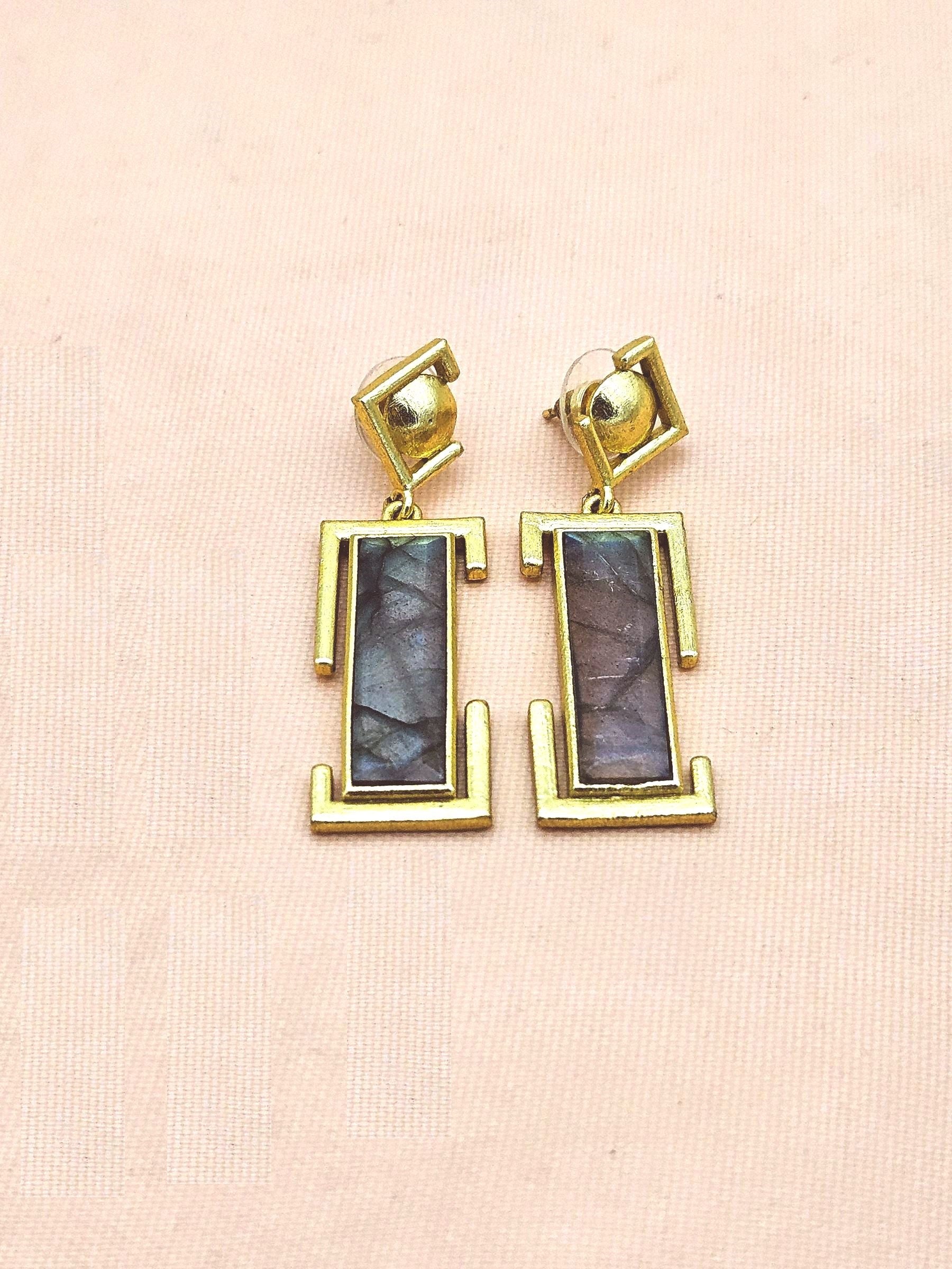Handmade Gold Plated Labradorite Geometric Drop Earrings – Contemporary Designer Jewelry