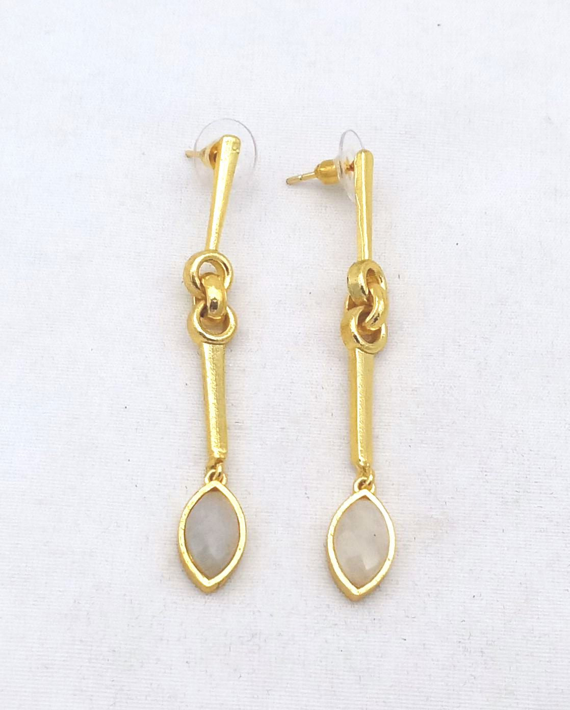 Elegant Handcrafted White Rainbow Stone Long Dangle Earrings – Gold Plated Fashion Jewelry