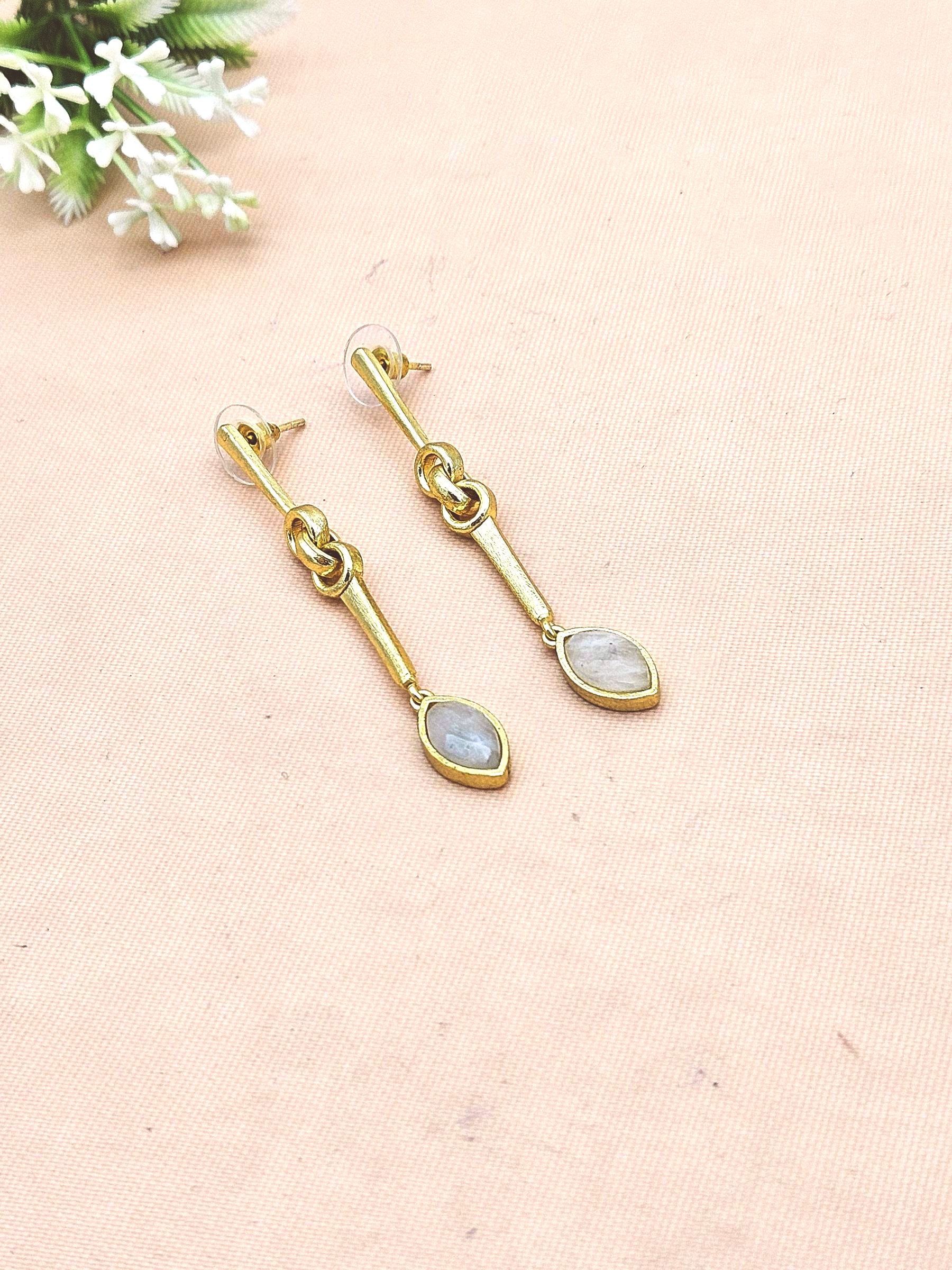 Elegant Handcrafted White Rainbow Stone Long Dangle Earrings – Gold Plated Fashion Jewelry