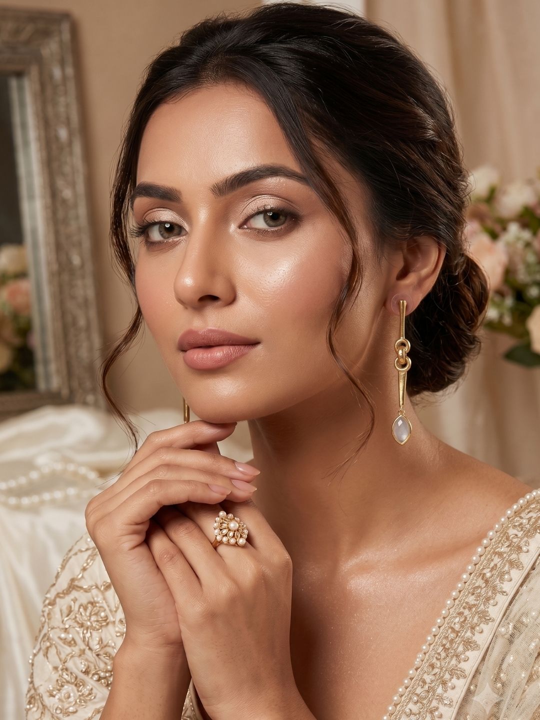Close-up portrait featuring elegant white rainbow gemstone earrings with luxurious designer appeal.
