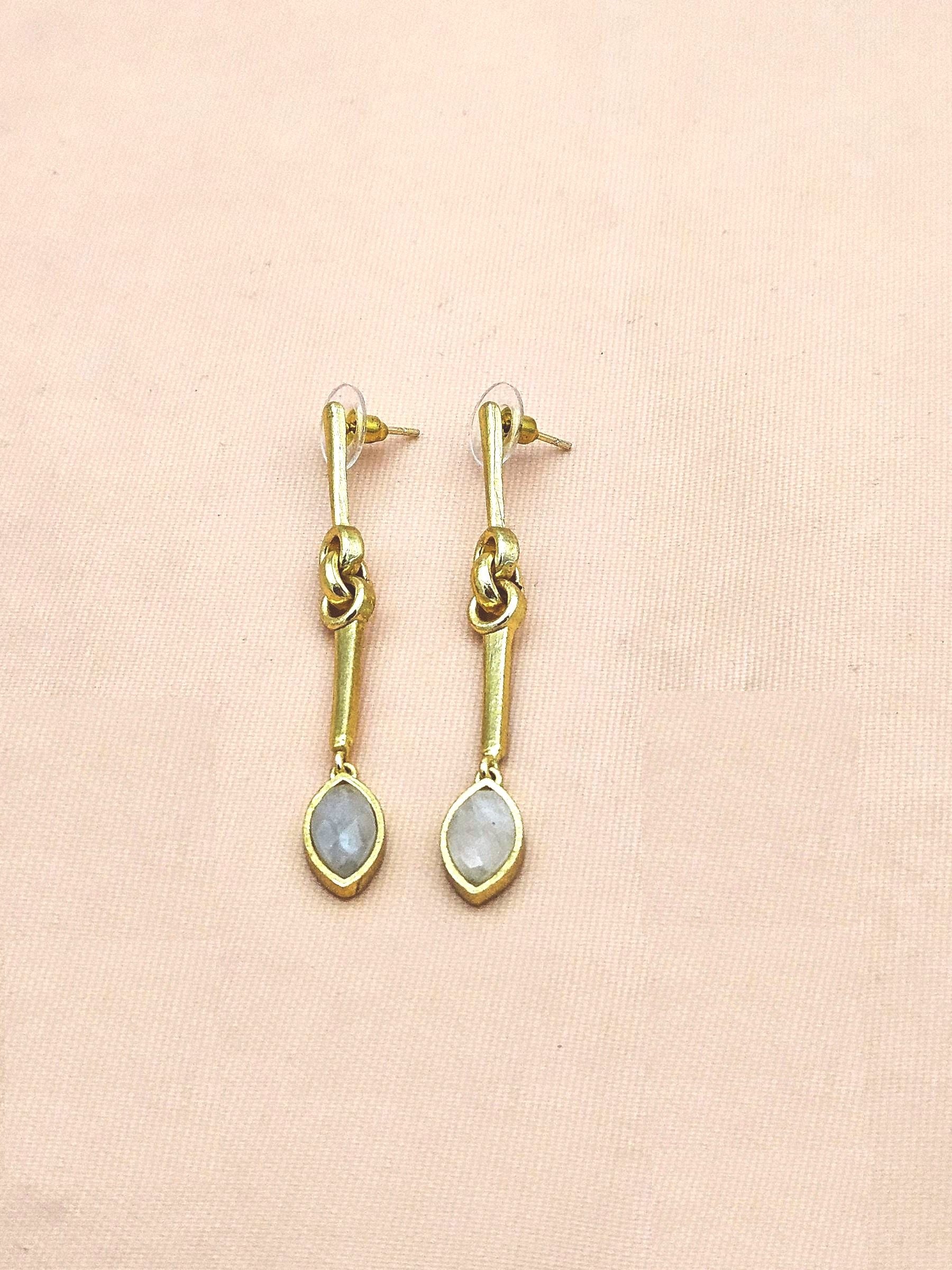 Elegant Handcrafted White Rainbow Stone Long Dangle Earrings – Gold Plated Fashion Jewelry